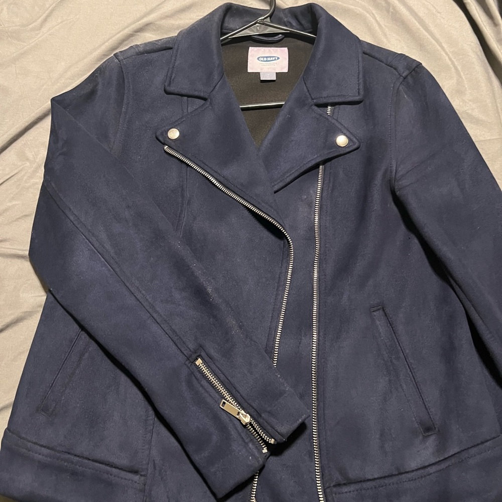 Old Navy faux suede moto jacket; navy blue—size M